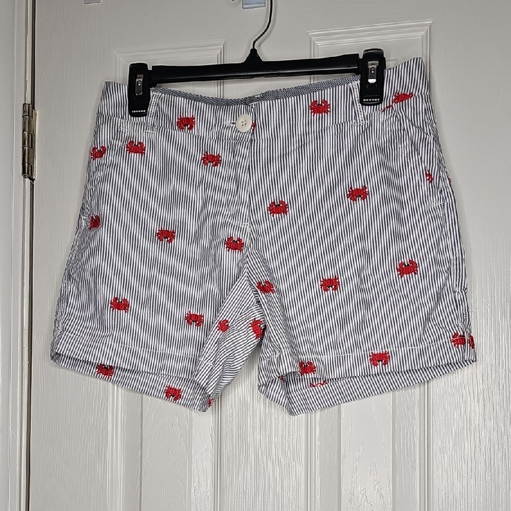 crown & ivy Women's Striped Shorts with Red Embroidered Crabs